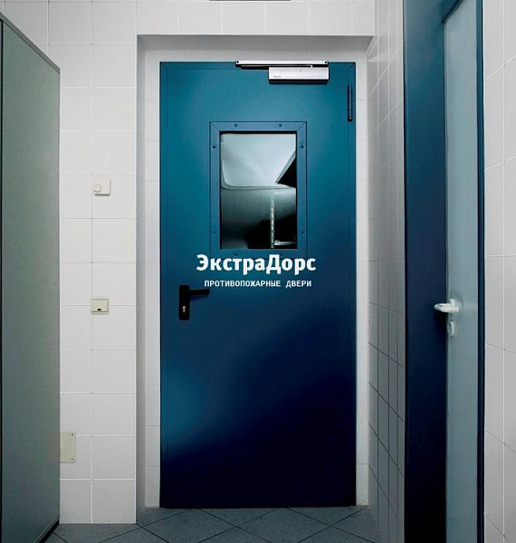 Противопожарная дверь 1 типа синяя c выпадающим порогом с остеклением в Серпухове  купить
